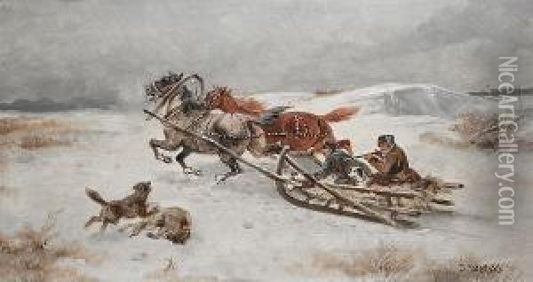 Hunters On A Troika; And A Horse Fair, A Pair Oil Painting - J. Wolski