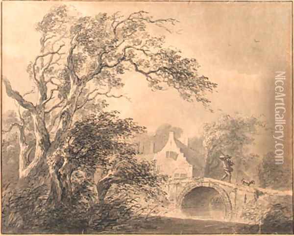 A figure on a bridge by a house, a tree in the foreground Oil Painting - Lievine Teerlink