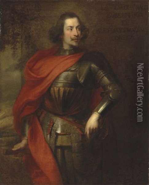 Portrait Of Paolo Gregorio Raggi, Three-quarter-length, In Armour And A Red Cloak, His Left Hand Resting On The Hilt Of His Sword, A Wooded Landscape Beyond Oil Painting - Anthony Van Dyck