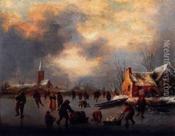 Scene De Patineurs Sur Un Lac Gele Oil Painting - Nicolaes Molenaer