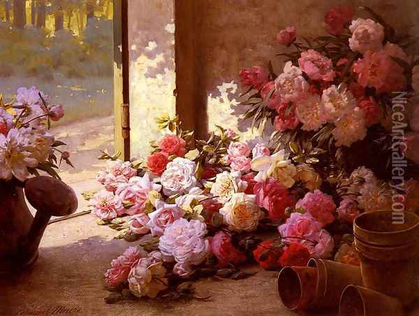 Jete De Fleurs Et Arrosoir (Freshly Picked Flowers With A Watering Can) Oil Painting - Edmond-Louis Maire