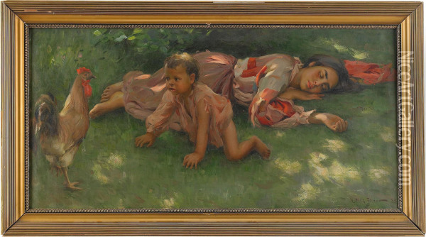 While Mother Is Asleep Oil Painting - Nikolai Vasilievich Kharitonov