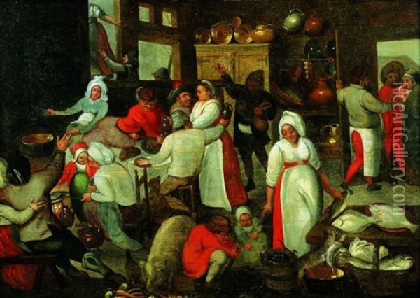 Scene D'interieur De Cuisine Oil Painting - Marten van Cleve the Elder