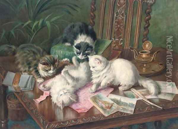 Mischievous kittens at play Oil Painting - Minnie Rosa Bebb