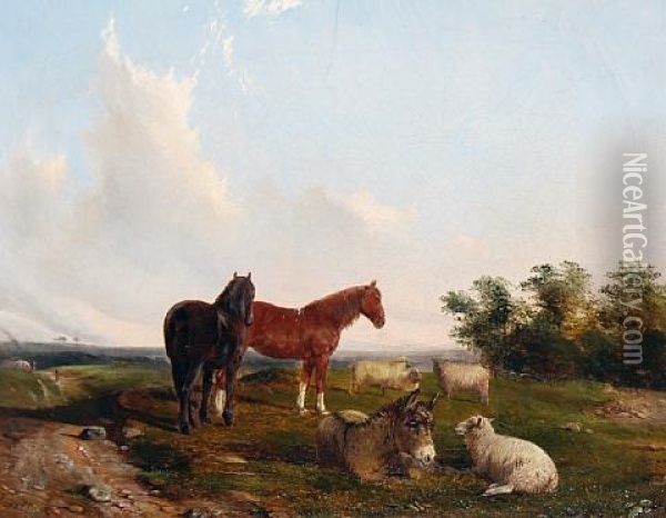 Horses, Sheep And A Donkey In A Summer Landscape Oil Painting - John Duvall