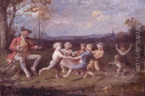 Children Dancing To An Old Fiddle Player (+ Another; Pair) Oil Painting - Francois-Louis Lanfant