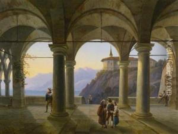 Colonnade With Decorative Figures And View Over A Mountain Lake Oil Painting - Alois Gustav Schulz