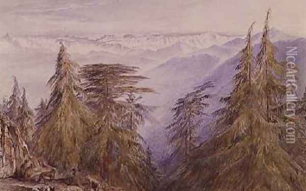 Monkeys on a crag near Simla North India Oil Painting - Edward Lear
