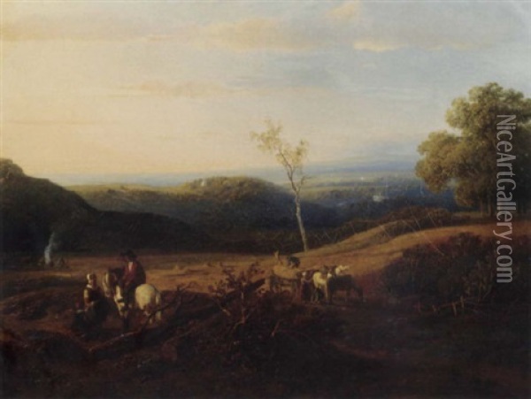 A Panoramic Summer Landscape With Harvesters Oil Painting - Willem Roelofs