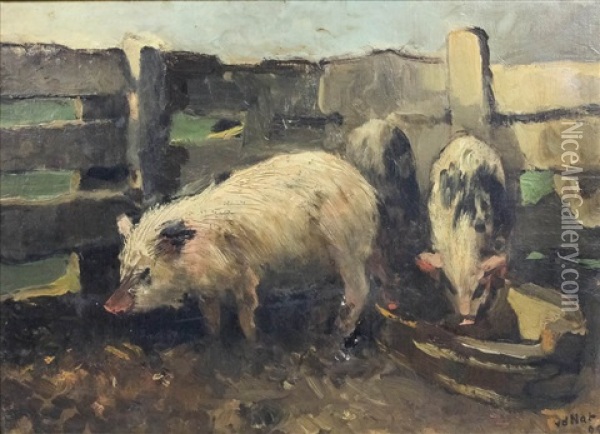 Three Pigs In A Sty Oil Painting - Willem Van Der Nat