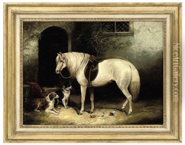 A Pony, Two Spaniels And Pigeons Outside A Stable Oil Painting - Edward Armfield