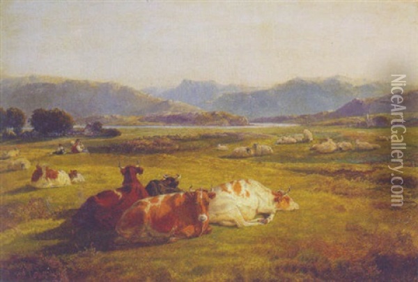 Cattle And Sheep Resting In A Mountainous River Landscape Oil Painting - Friedrich Wilhelm Keyl