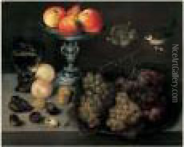 Nature Morte Au Plat De Raisins, Verre De Vin, Pommes Et Poires Dans Une Coupe En Argent Oil Painting - Peter Paul Binoit