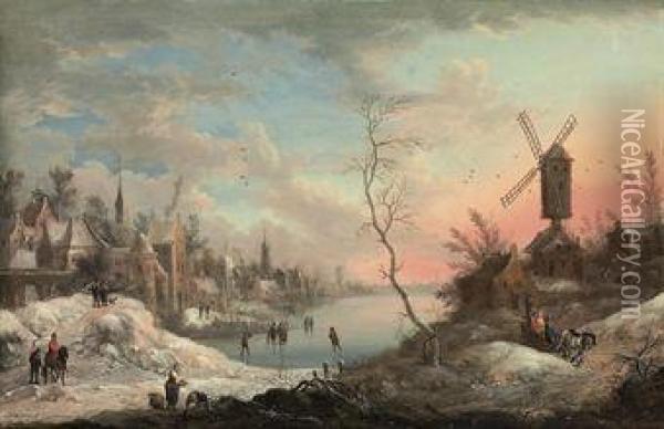 A Winter Landscape With Skaters On A Frozen Lake Near A Town, Awindmill Nearby Oil Painting - Johann Christian Vollerdt or Vollaert