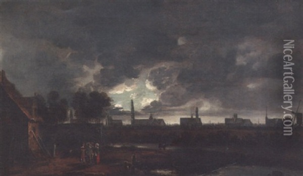 A Dutch City, Possibly Delft, By Moonlight Oil Painting - Aert van der Neer