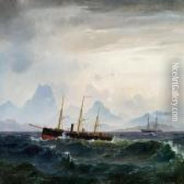 Seascape With Steam- And Sailing Ships Oil Painting - Carl Frederick Sorensen