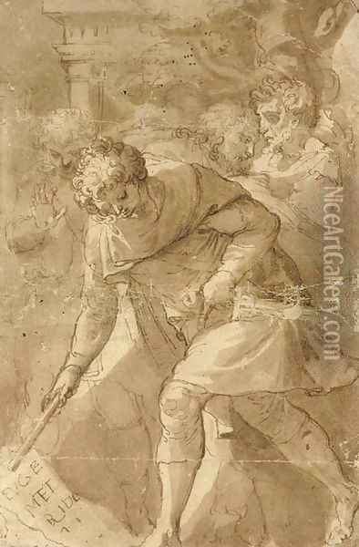 Four warriors, in the manner of Polidoro da Caravaggio Oil Painting - da Reggio Raffaellino