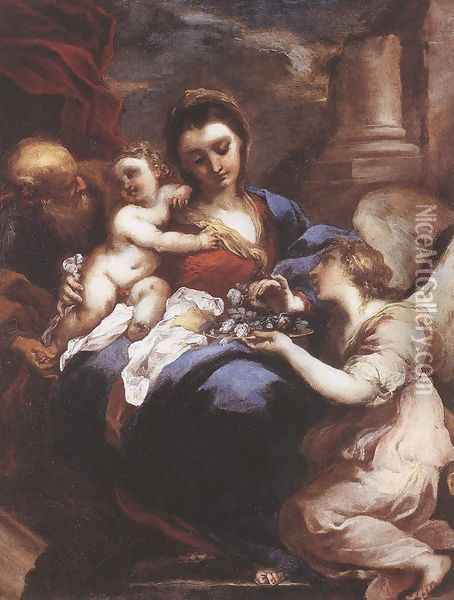 Holy Family with an Angel Oil Painting - Valerio Castello