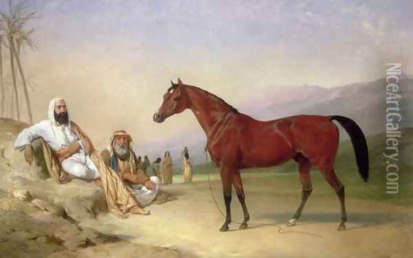 Two Bedouin with a Bay Arab Stallion in the Desert, 1860 Oil Painting - Abraham Cooper