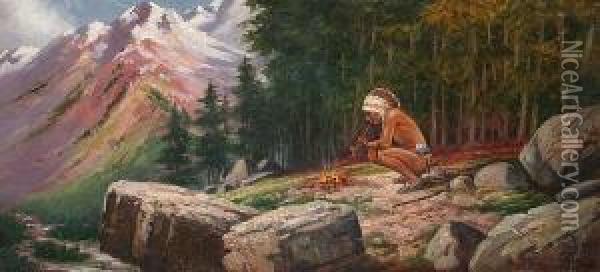 A Red Indian By A Fire, Mountains Beyond Oil Painting - Henri Moreau