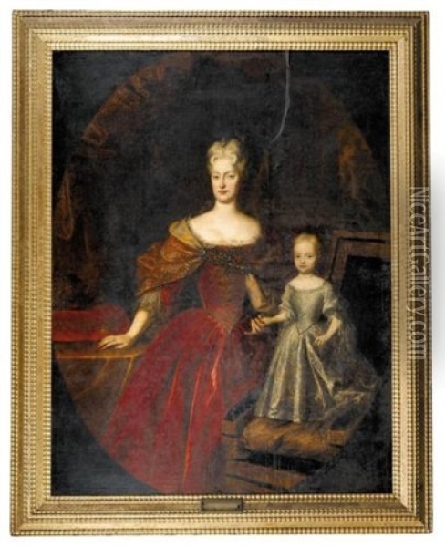Portrait Of A Duchess And Her Child (elisabeth Christine Of Brunswick-wolfenbuttel, Later Wife Of The Emperor Karl Vi/?) Oil Painting - Louis de Silvestre