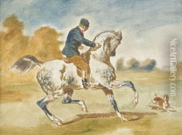 Cavalier Sur Un Cheval Gris Pommele Et Son Chien Oil Painting - Jonny Audy