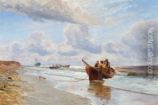 Coastal Scene With Fishermen Returning With The Day's Catch Oil Painting - Holger Luebbers