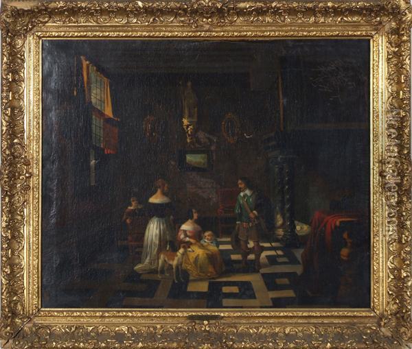 Interior Scene With Gentleman Oil Painting - Charles Francois Pecrus