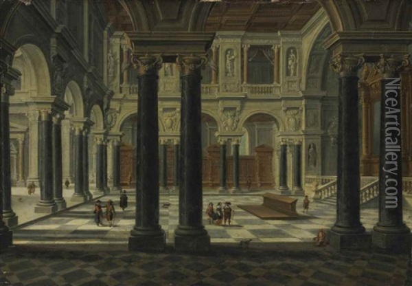 Interior Of A Church With Elegantly Dressed Figures And A Mendicant Oil Painting - Bartholomeus Van Bassen