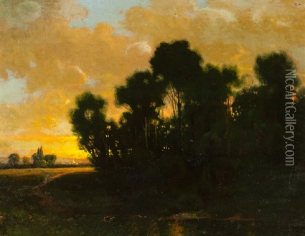 Barbizon Landscape With Trees Silhouetted Against An Orange And Yellow Sunset, A Path Leading To A Darkened Pond With A Village In The Distance Oil Painting - Theodore Rousseau
