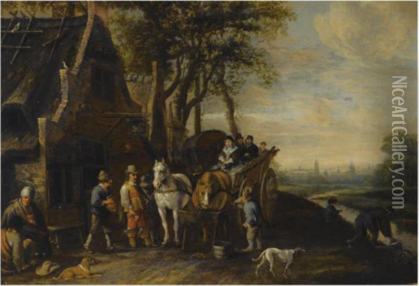 Travellers In A Horse-drawn 
Wagon And Other Figures Outside An Inn,a View Of Delft With The Oude And
 Nieuwe Kerk Beyond Oil Painting - Antonie Palamedesz