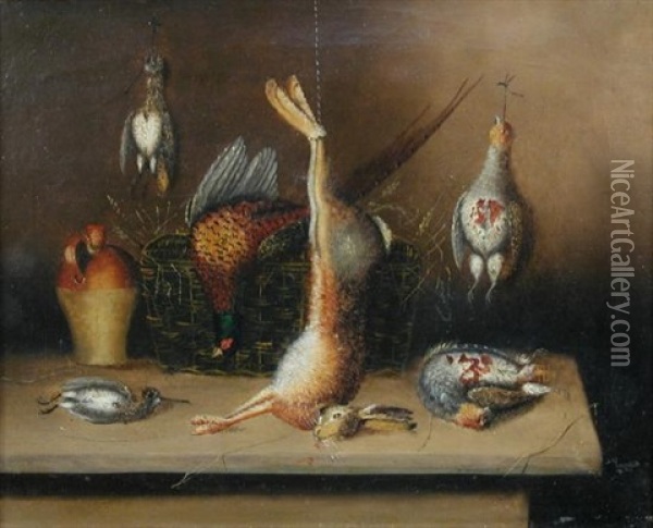 Still Life Of A Woodcock, A Teal, Mackerel, A Turbot And A Lobster; And A Still Life Of A Hare, A Snipe, A Pheasant And English Partridge Oil Painting - Benjamin Blake