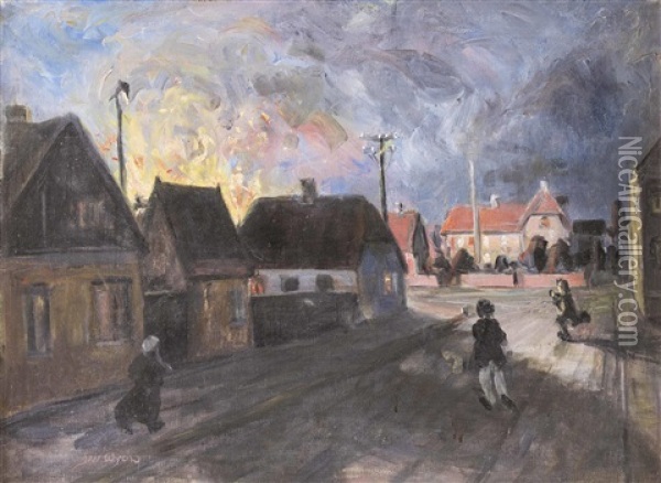 Brand In Einem Dorf Oil Painting - Jan Wydra