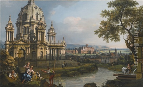 A Capriccio River Landscape With A Church To The Left Oil Painting - Bernardo Bellotto