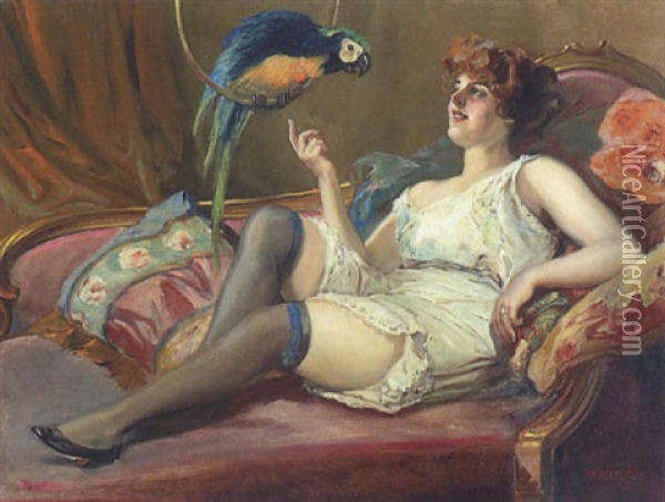 Madchen Und Papagei Oil Painting - Richard Geiger