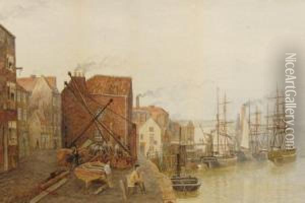 Figures Beside A Dock Oil Painting - Joseph Moore