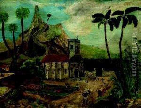Paysage Exotique Avec Eglise (la Recolte Du Coton), Circa
 1880 Oil Painting - Henri Julien Rousseau
