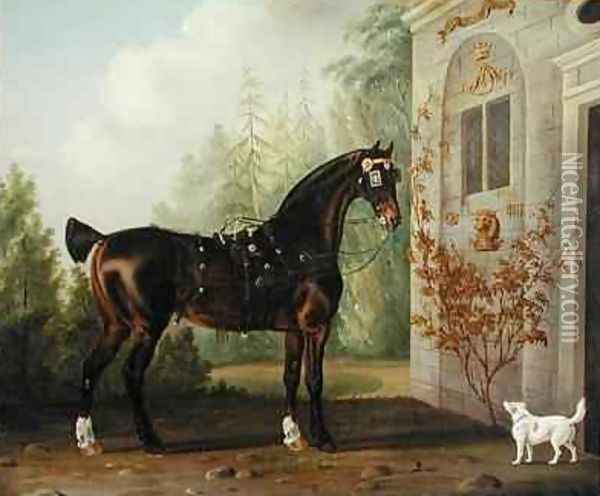 Lord Abergavennys Dark Bay Carriage Horse with a Terrier Oil Painting - Thomas Gooch