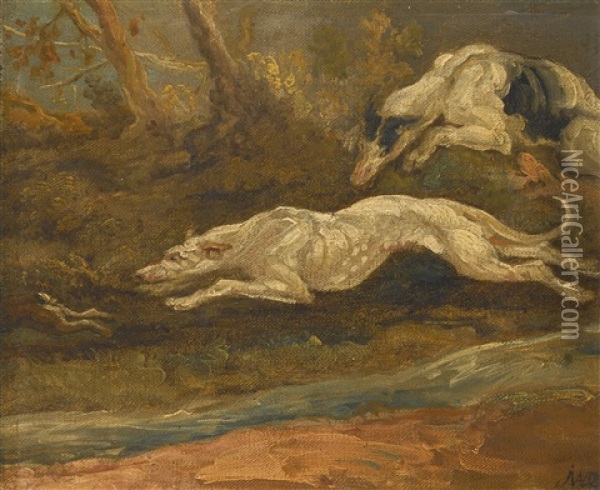The Escape: Two Greyhounds Coursing A Hare Oil Painting - James Ward