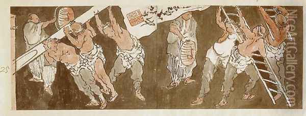 Banner Raising Oil Painting - Katsushika Hokusai