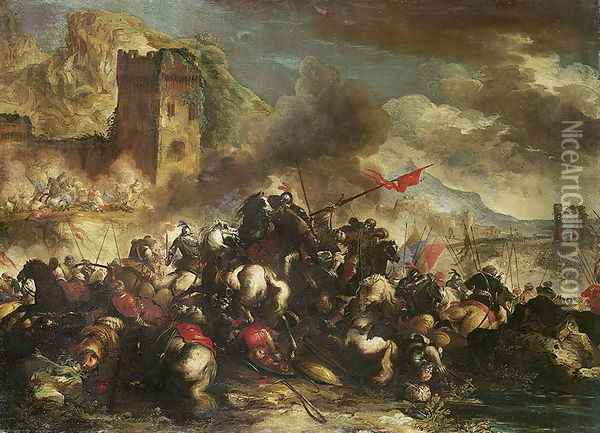 Cavalry skirmishes between Crusaders and Turks (2) Oil Painting - Nicolino Calyo