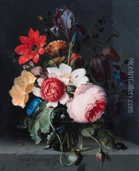 A Paeony, An Iris, A Poppy, 
Anemones, Morning Glory And Otherflowers In A Glass Vase With A Beetle 
On A Stone Shelf Oil Painting - Jacob van Walscapelle