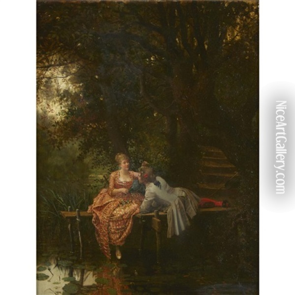 Lovers By A Pool Oil Painting - Maurice Leloir