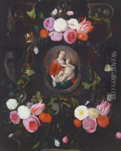 The Madonna And Child In A Feigned Cartouche, Surrounded By A Garland Of Flowers And Butterflies Oil Painting - Daniel Seghers