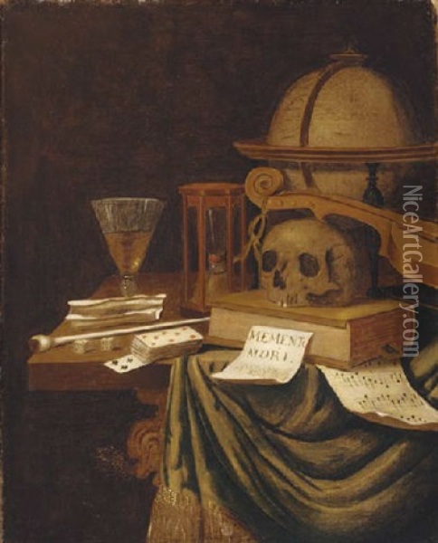 A Vanitas Still Life, With A Globe, An Hourglass, A Book, A Sheet Of Music, A Pope, Tobacco, Dice, Playing Cards A Glass, A Violin And A Sheet Of Paper Oil Painting - Edward Collier