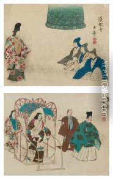 Two Scenes From The No Theatre Oil Painting - Kawabata Gyokusho