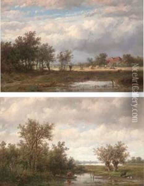 Fishing On A Calm Stretch Of Water; And Harvest Time Oil Painting - Anthonie Jacobus Van Wyngaerts