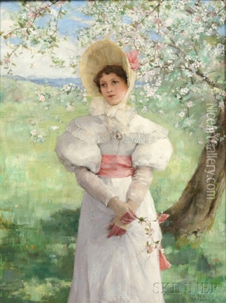 Young Woman In White Beneath Flowering Branches Oil Painting - George Henry Boughton
