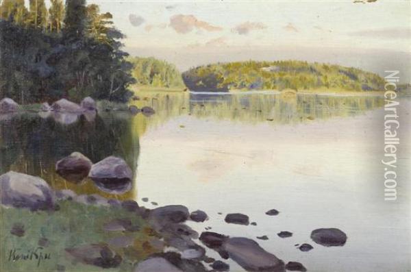 Sunset At A Lake Shore In Northern Russia Oil Painting - Constantin Kryschitskij