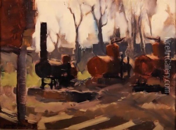 Three Engines In An Industrial Landscape Oil Painting - George Benjamin Luks